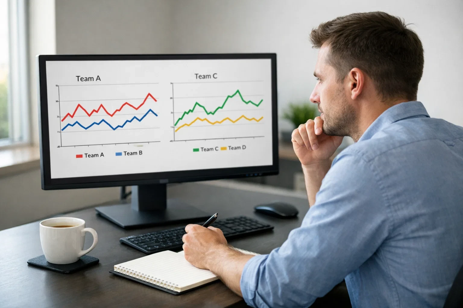 Analista sportivo che studia dati e statistiche delle partite su monitor