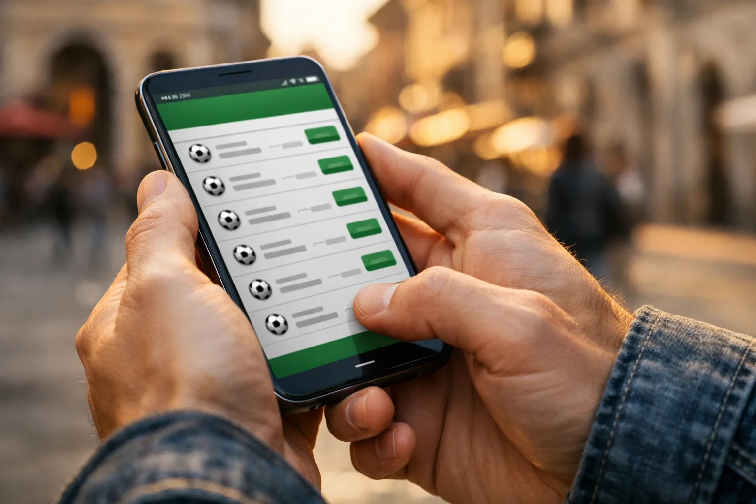 Mano tiene smartphone con app scommesse sportive aperta