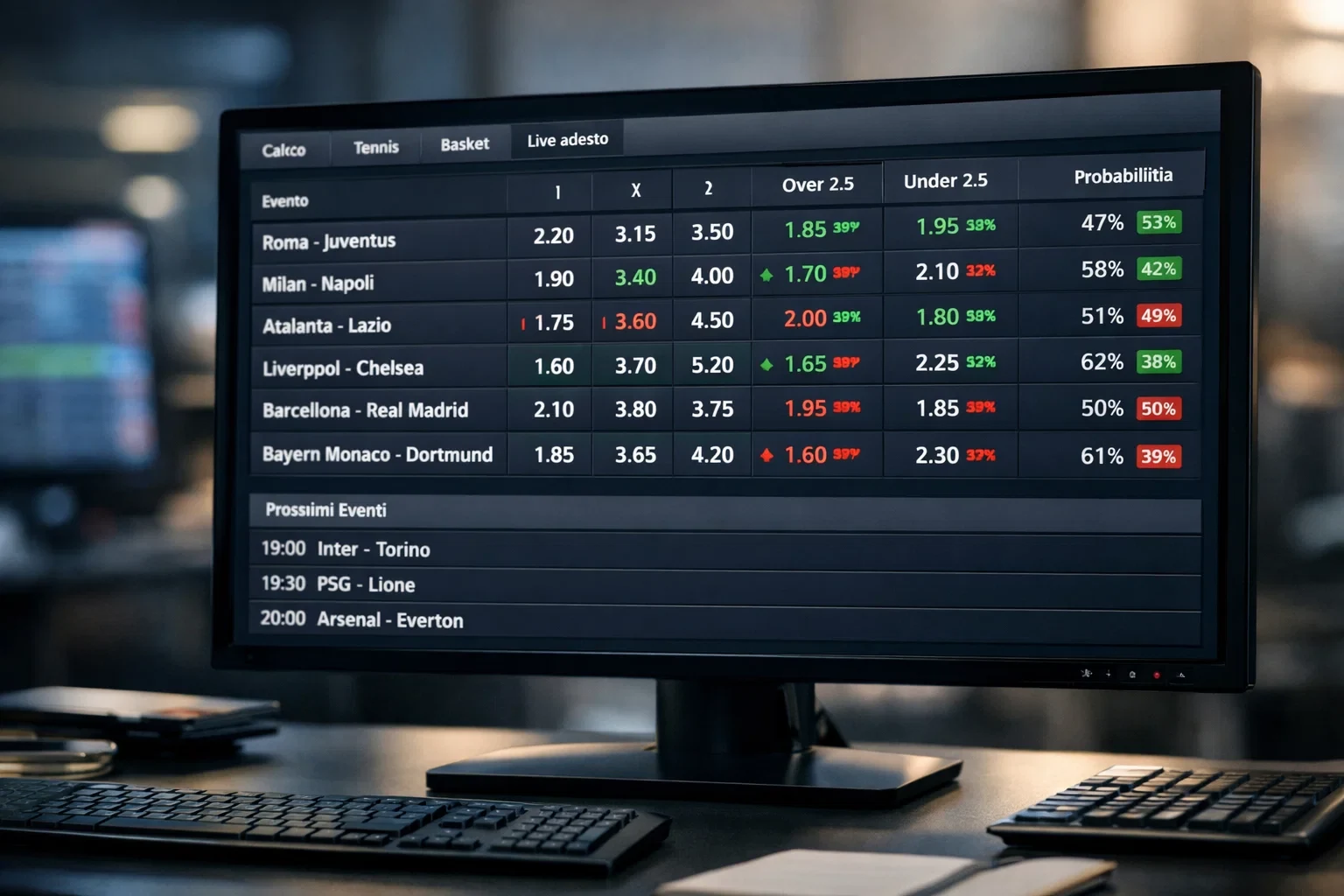 Schermo di un computer che mostra quote di scommesse sportive in tempo reale