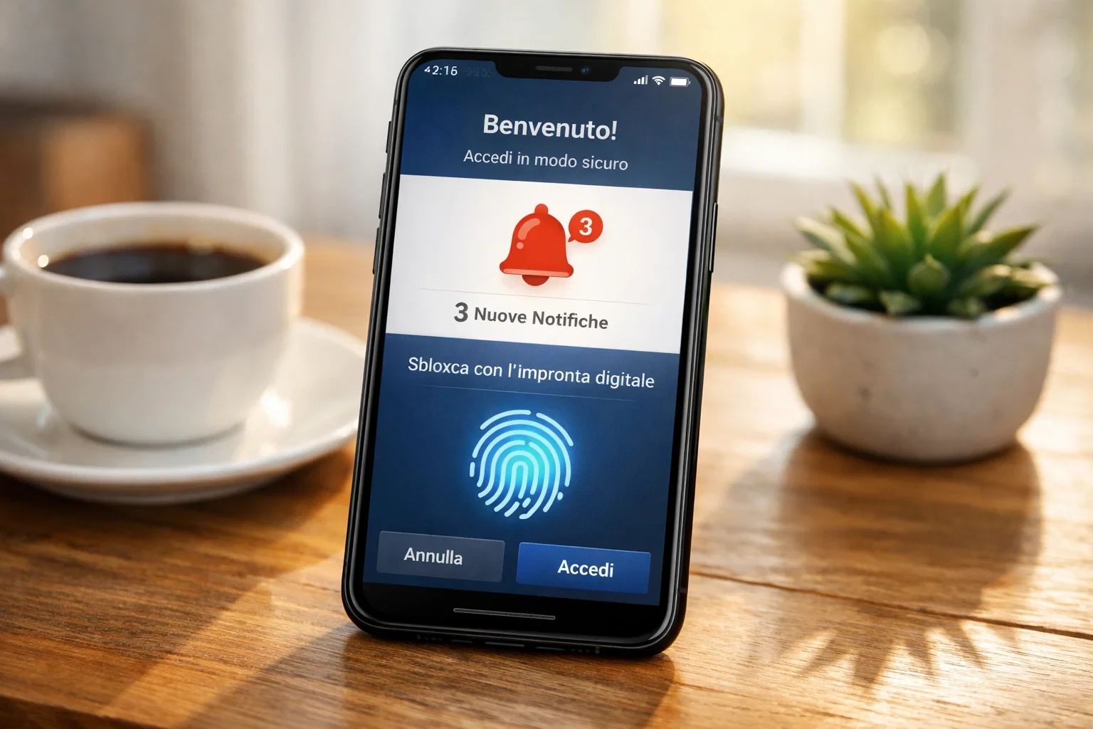 Interfaccia di un'app mobile con notifiche push e login biometrico