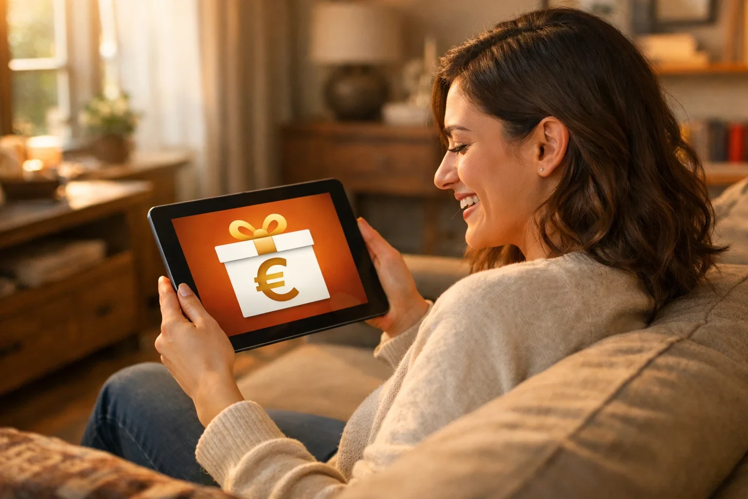 Persona sorride guardando offerta promozionale sullo schermo