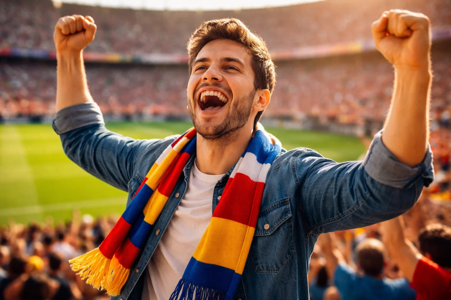 Tifoso sorridente con sciarpa che celebra allo stadio di calcio