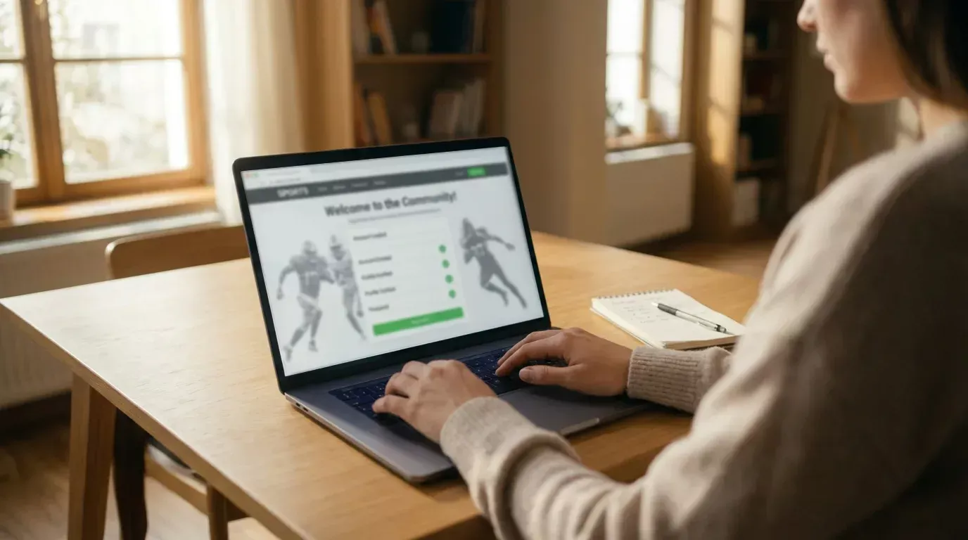 Persona che si registra su un sito di scommesse sportive dallo schermo del laptop