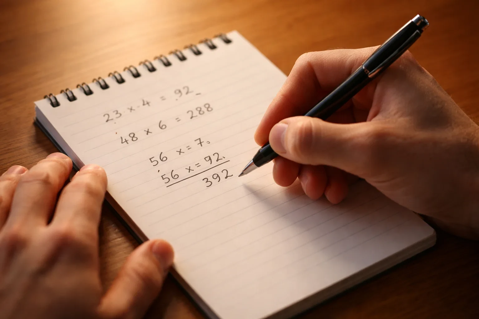 Persona che scrive calcoli su un blocco note con penna