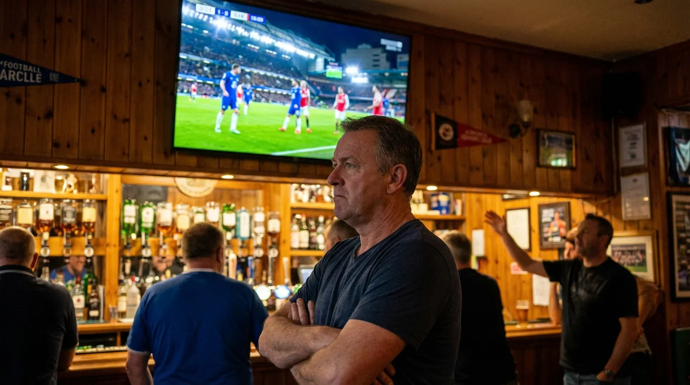Tifoso che guarda una partita di calcio in piedi con espressione concentrata