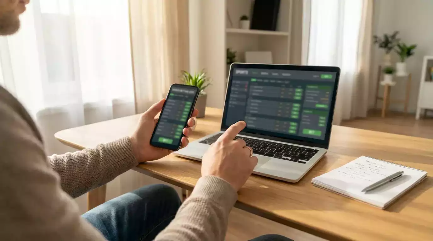 Persona seduta alla scrivania che confronta diverse app di scommesse su smartphone e laptop