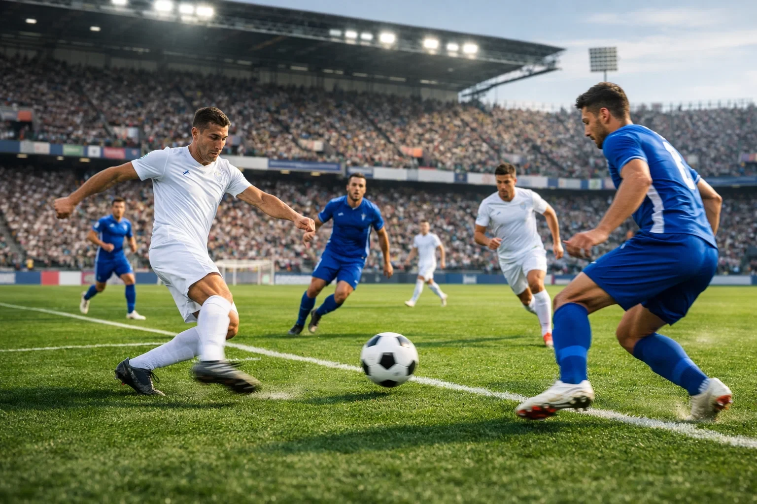 Partita di calcio su campo in erba con giocatori in azione durante un match