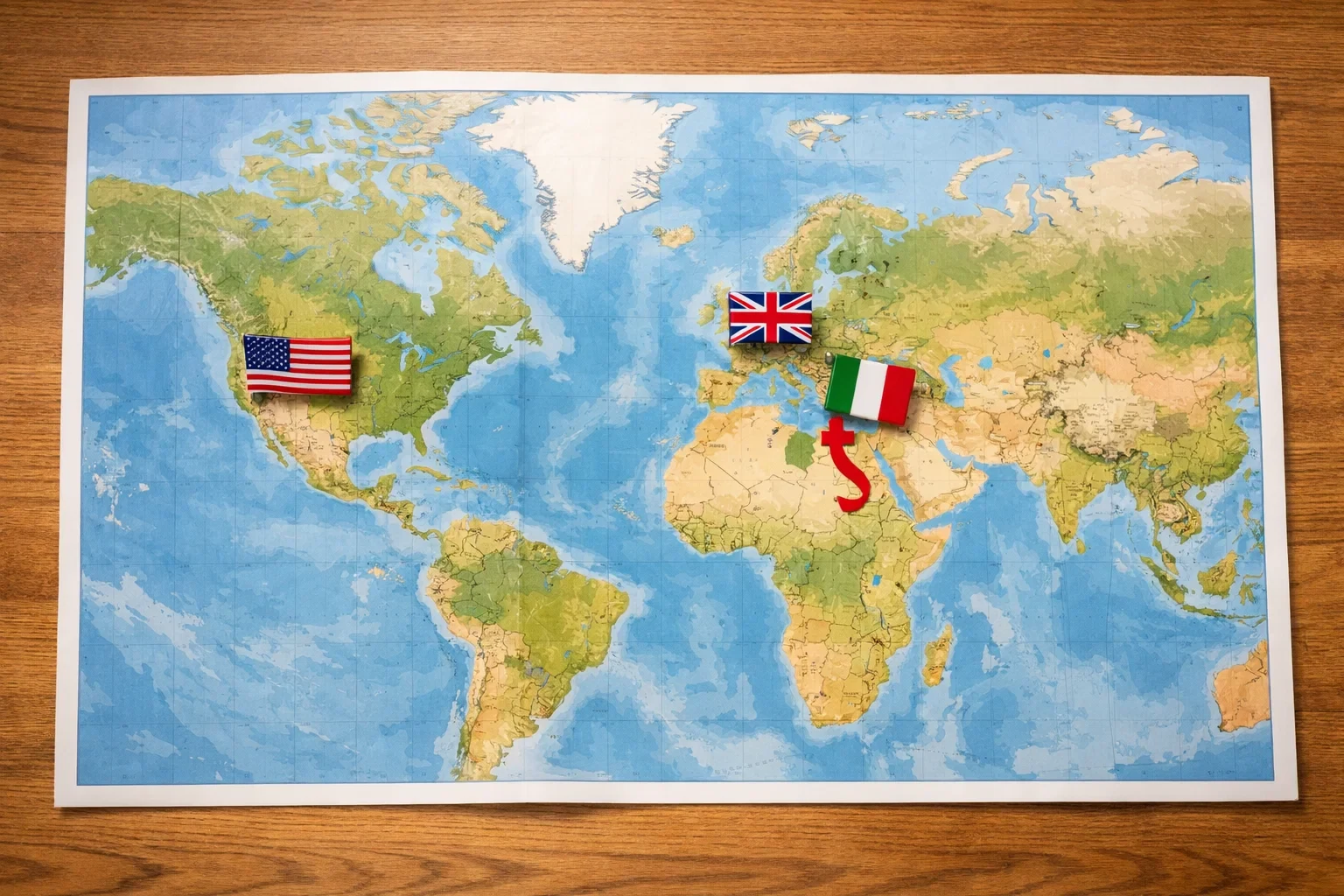 Mappa del mondo con bandiere di Italia Regno Unito e Stati Uniti
