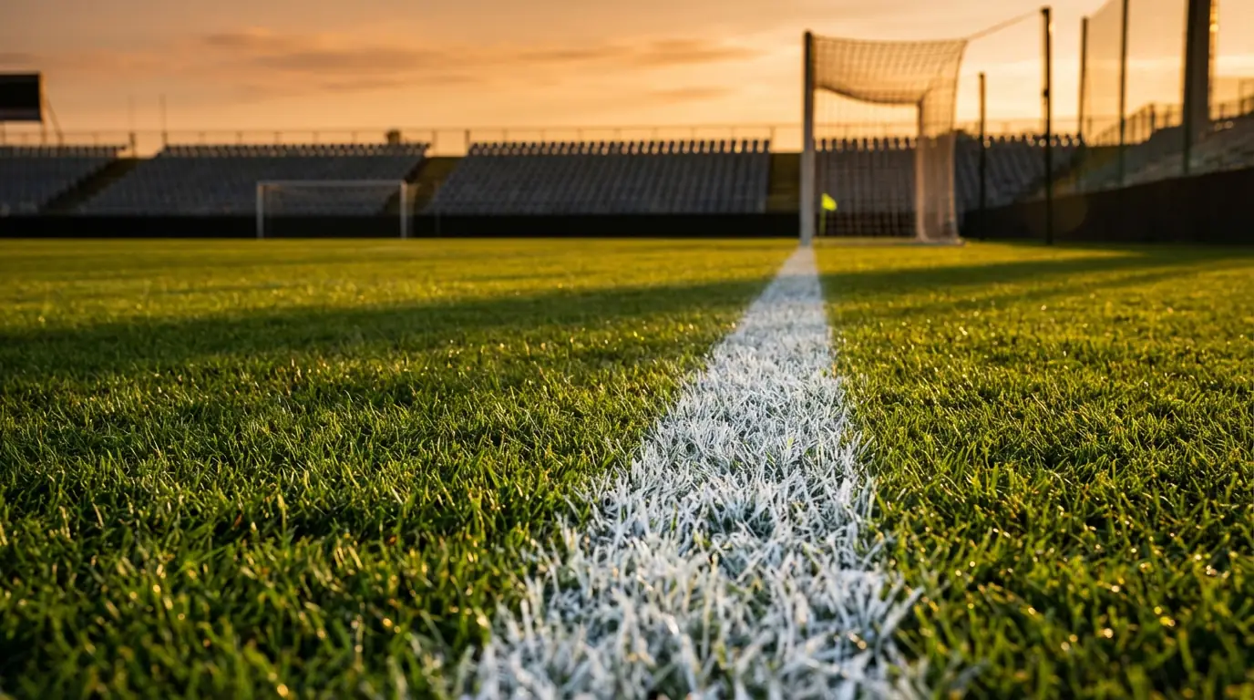 Campo di calcio con linee bianche in primo piano visto dal livello del terreno