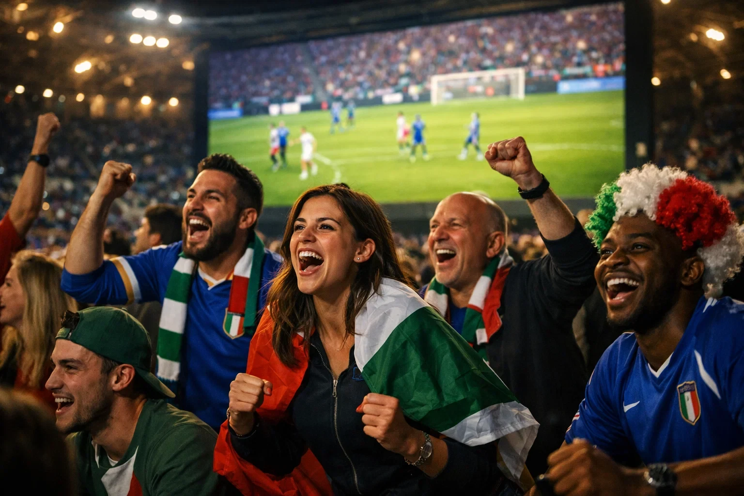 Tifosi che guardano una partita di calcio in diretta su uno schermo in uno stadio