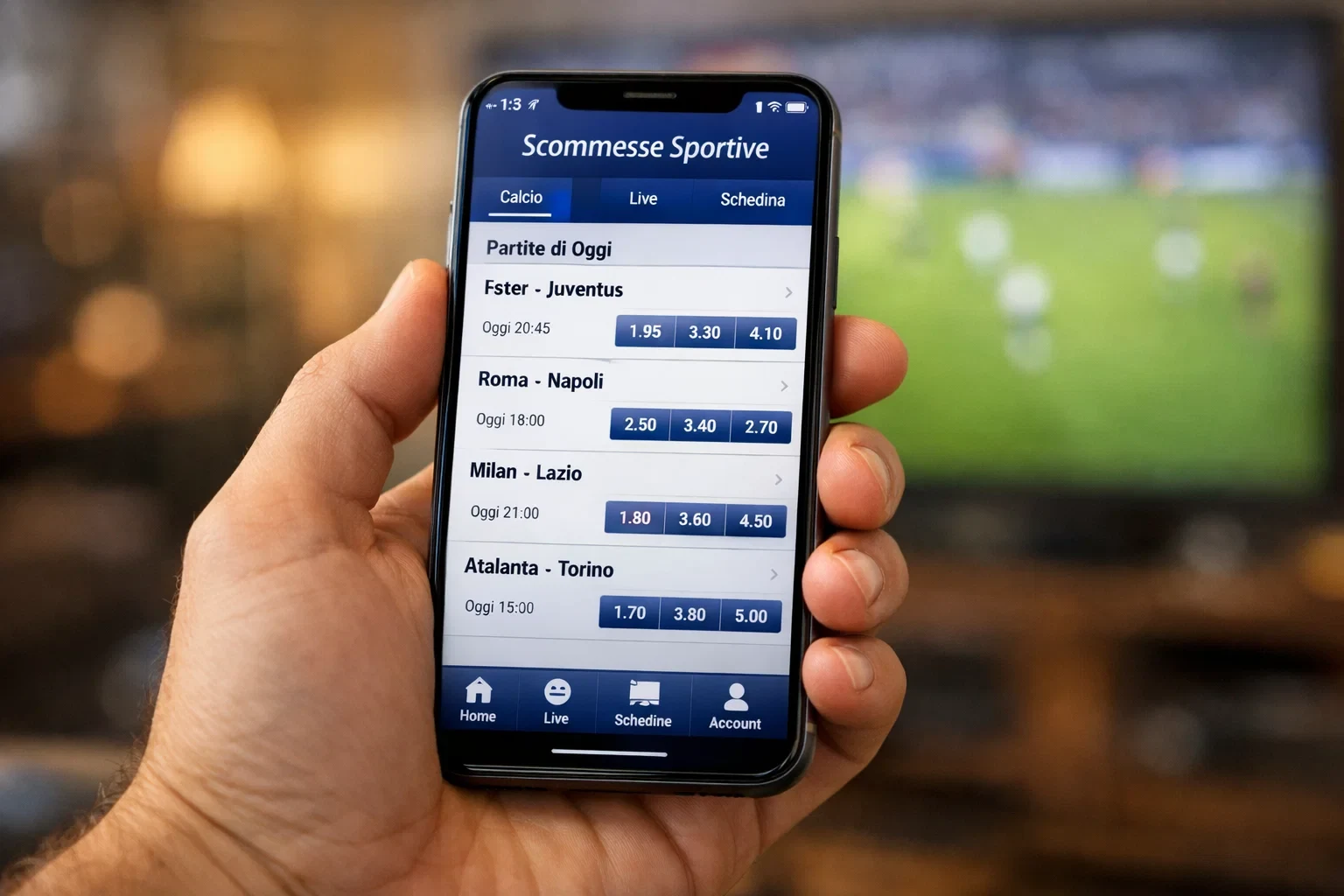 Mano che tiene uno smartphone con un'app di scommesse sportive aperta