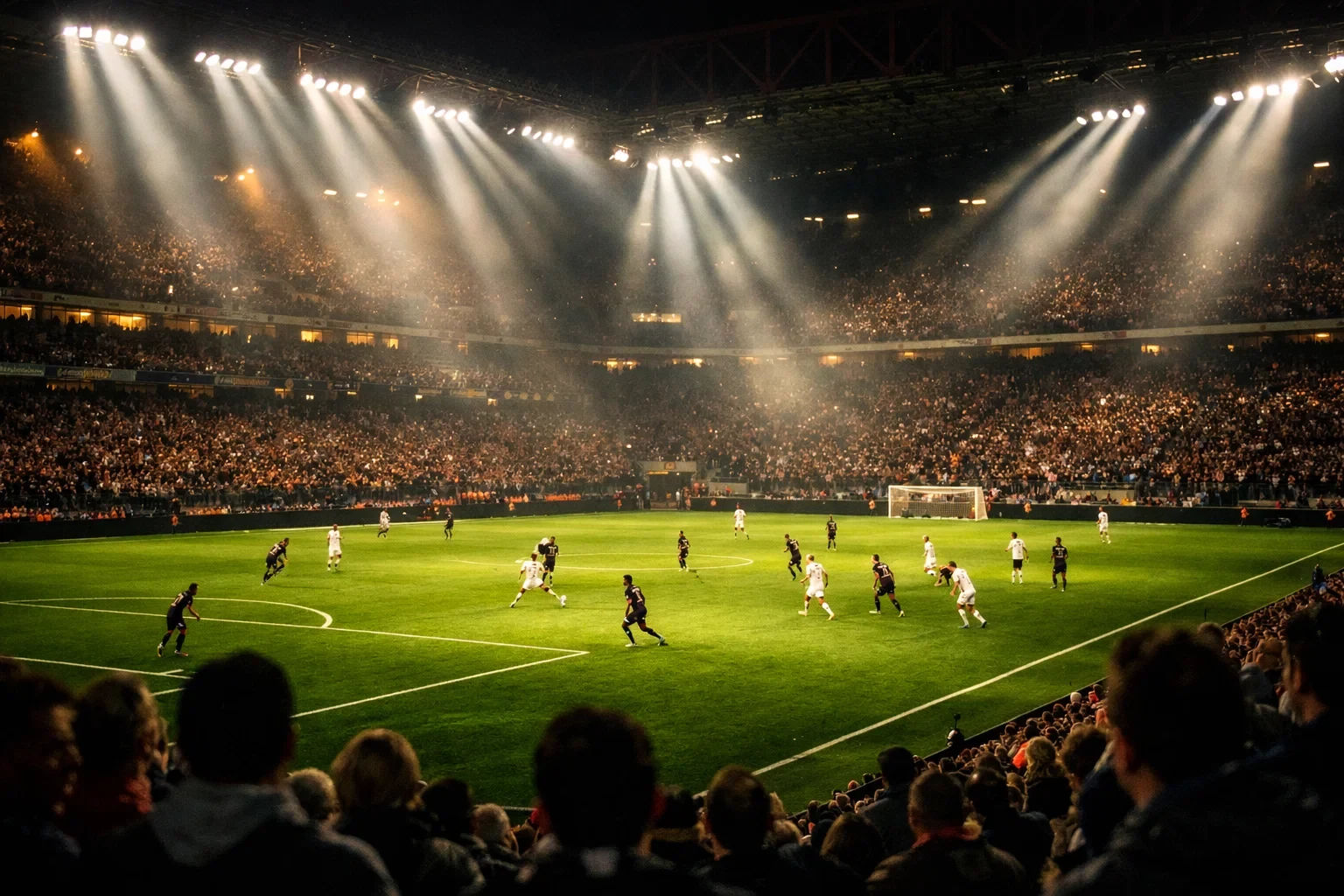 Stadio di calcio illuminato durante una partita serale