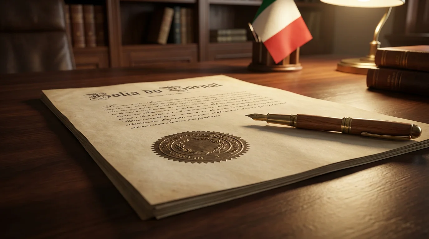 Documento ufficiale con sigillo e timbro su una scrivania