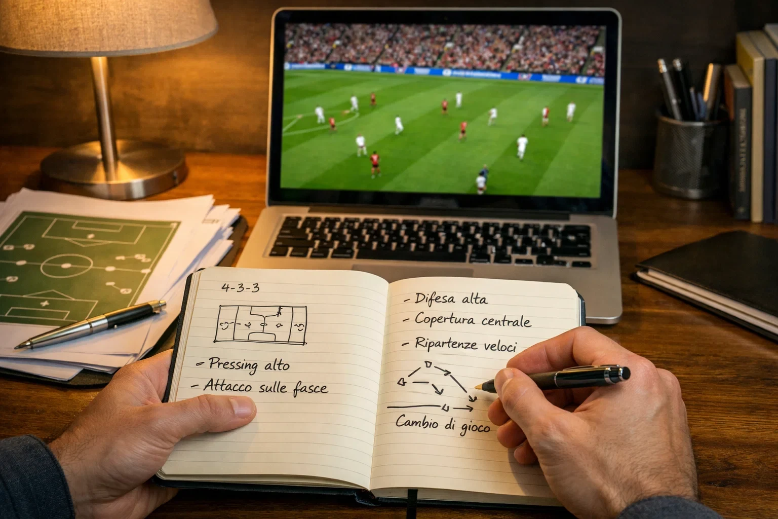 Analista sportivo che prende appunti mentre osserva una partita di calcio