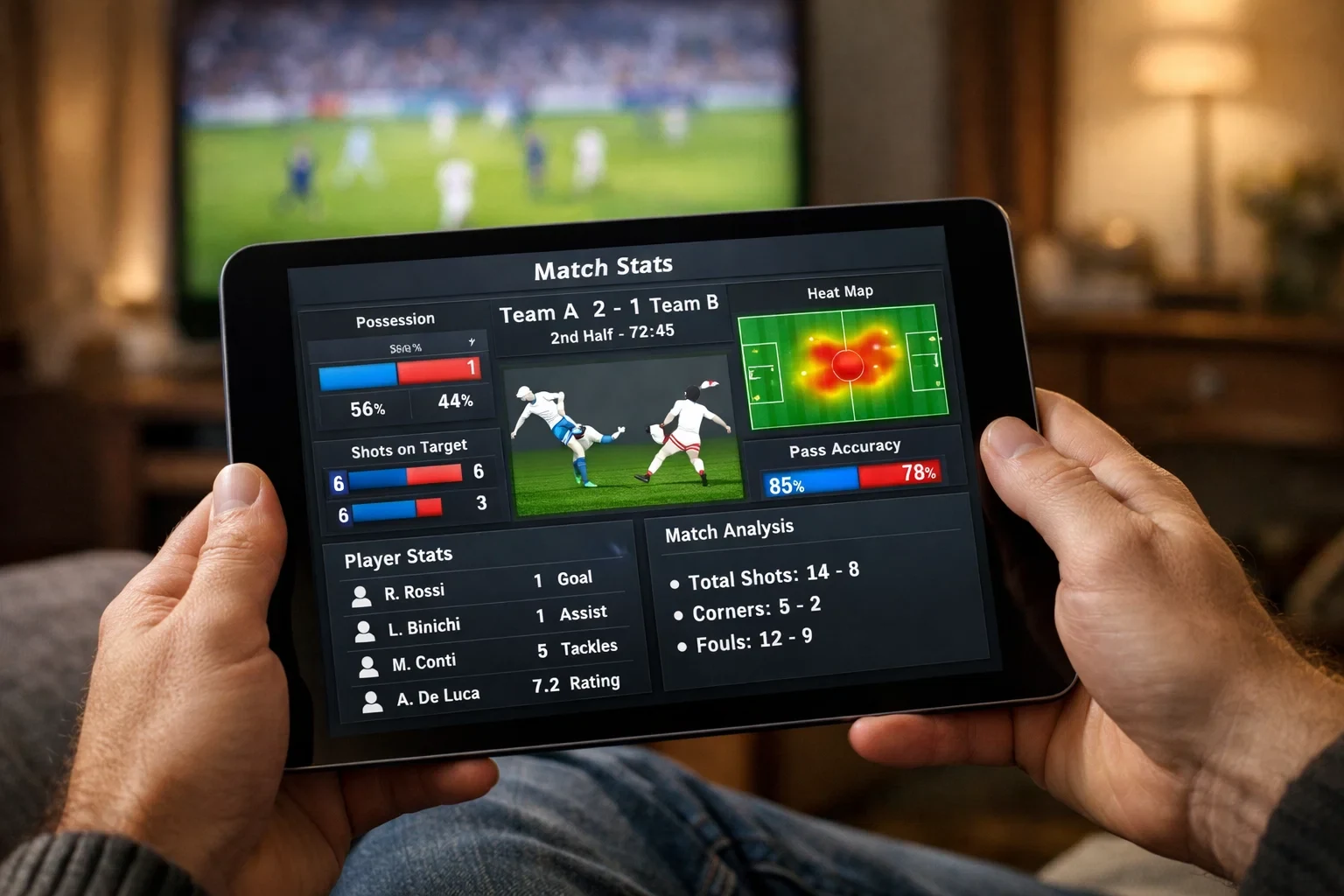 Persona che analizza statistiche di calcio su tablet durante una partita
