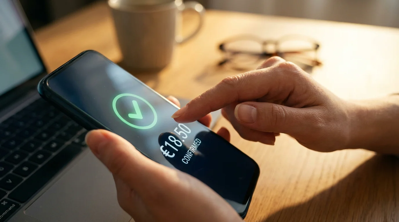 Mano che tocca lo schermo di uno smartphone per effettuare un pagamento online