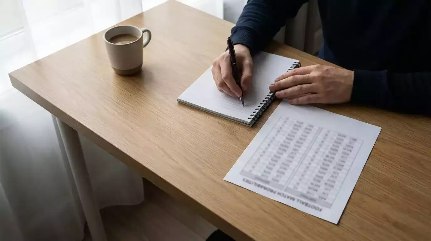 Persona che analizza dati sportivi su un foglio con penna in mano