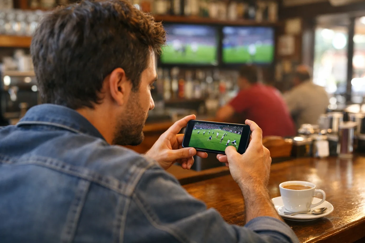 Persona seduta al bar che guarda una partita di calcio sullo smartphone