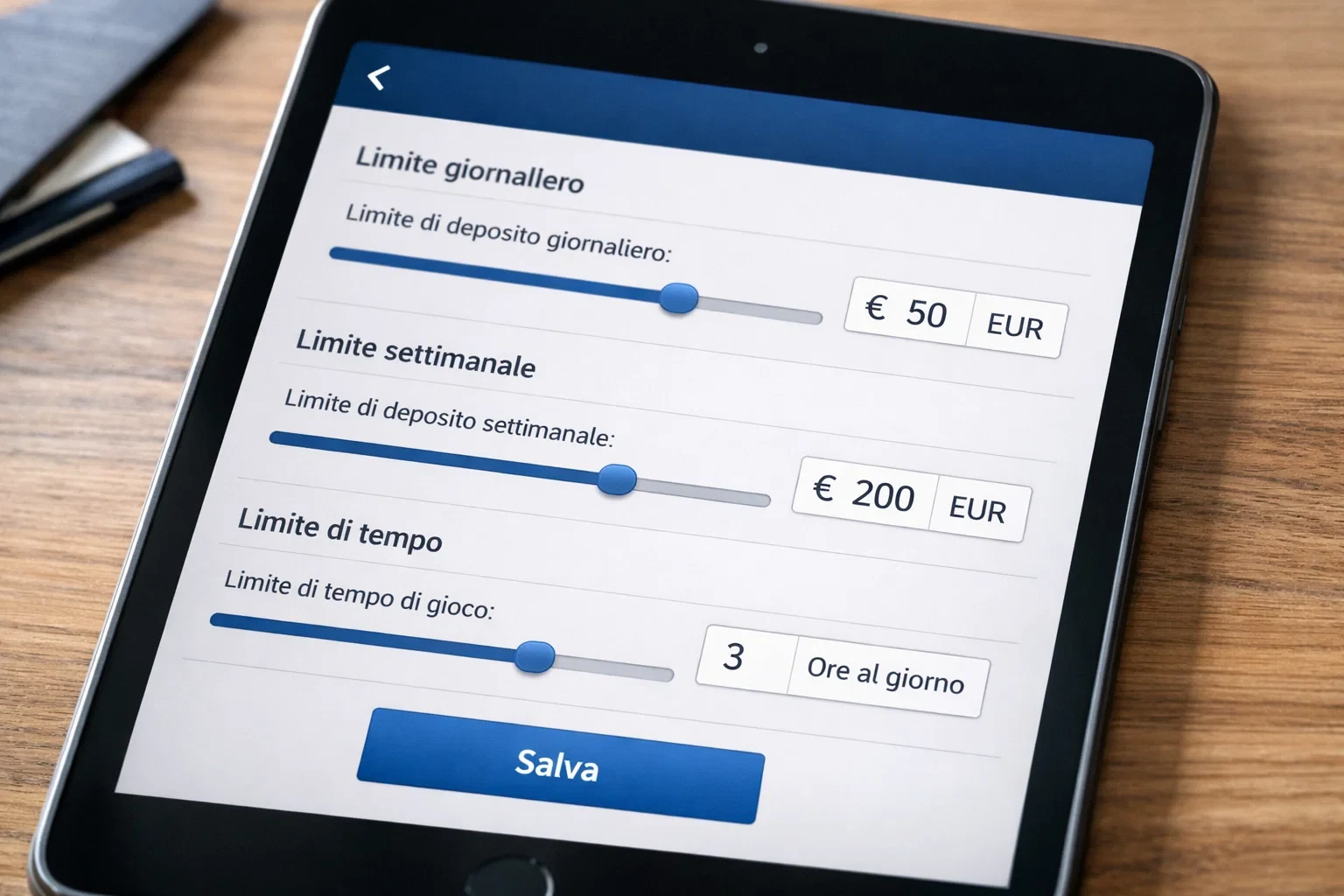 Schermata che mostra impostazioni di limiti di deposito e tempo di gioco