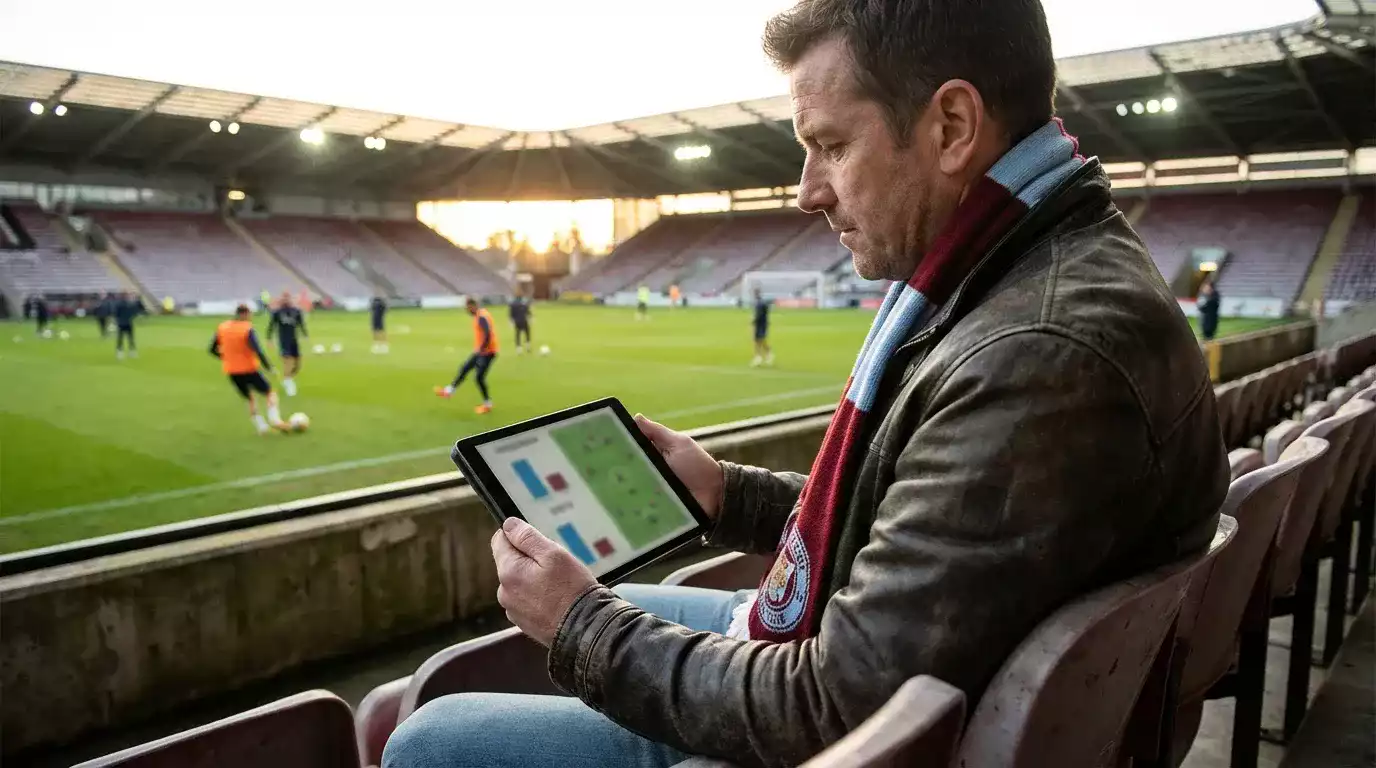 Tifoso che analizza statistiche di calcio su un tablet prima di una partita allo stadio