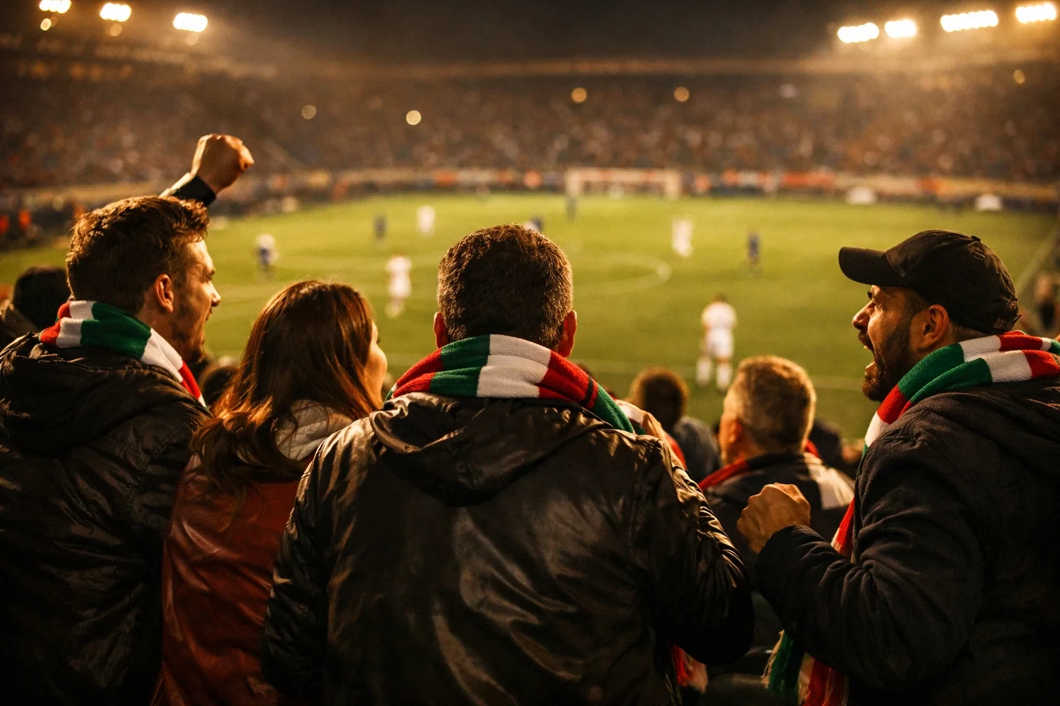 Tifosi che guardano una partita di calcio in uno stadio italiano illuminato