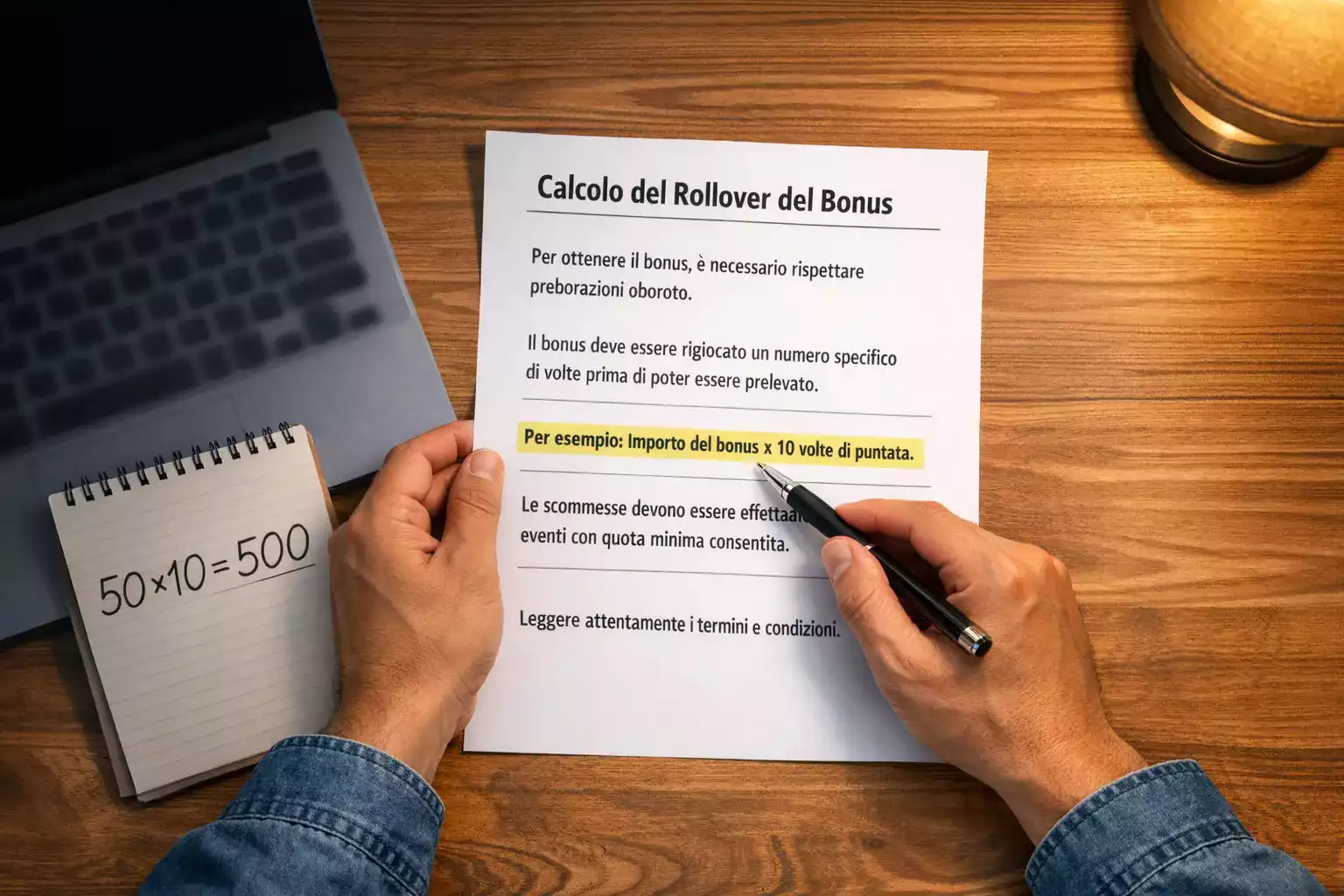 Persona che studia i termini e condizioni di un bonus scommesse su un documento cartaceo alla scrivania
