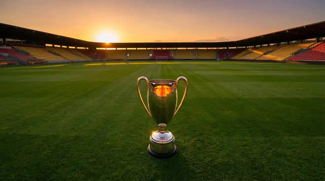 Trofeo della Serie A su un campo da calcio in erba con spalti vuoti sullo sfondo