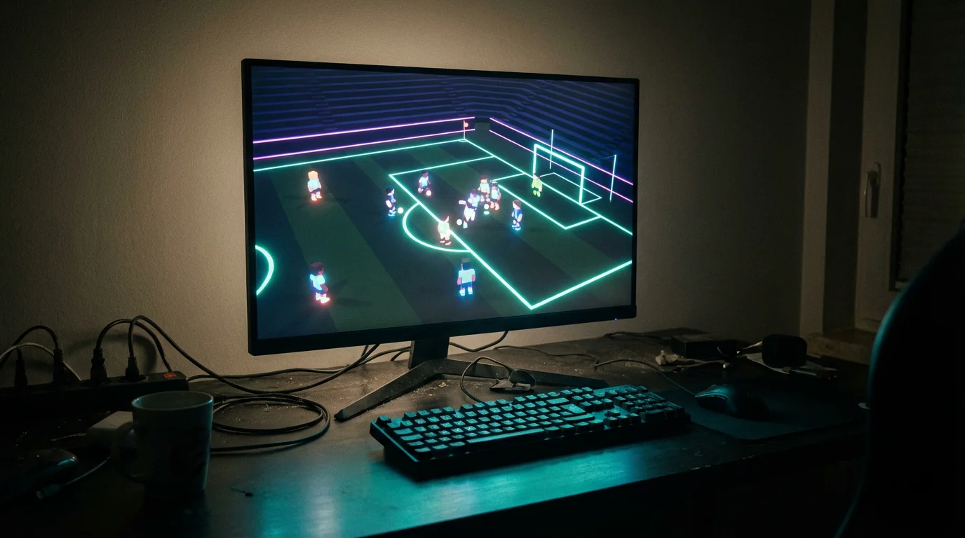Schermo di un computer che mostra una partita di calcio virtuale con grafica 3D