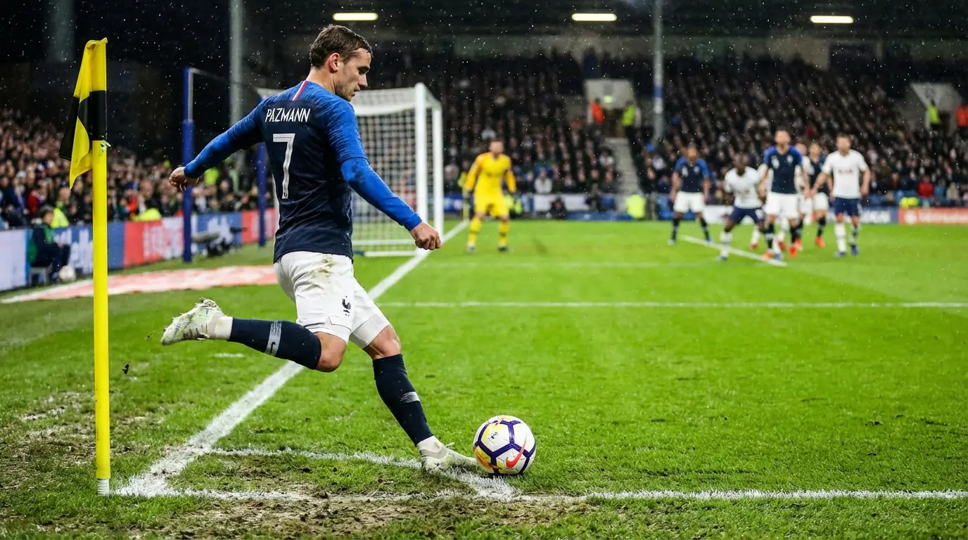 Calciatore che batte un calcio d'angolo su un campo da gioco in erba durante una partita
