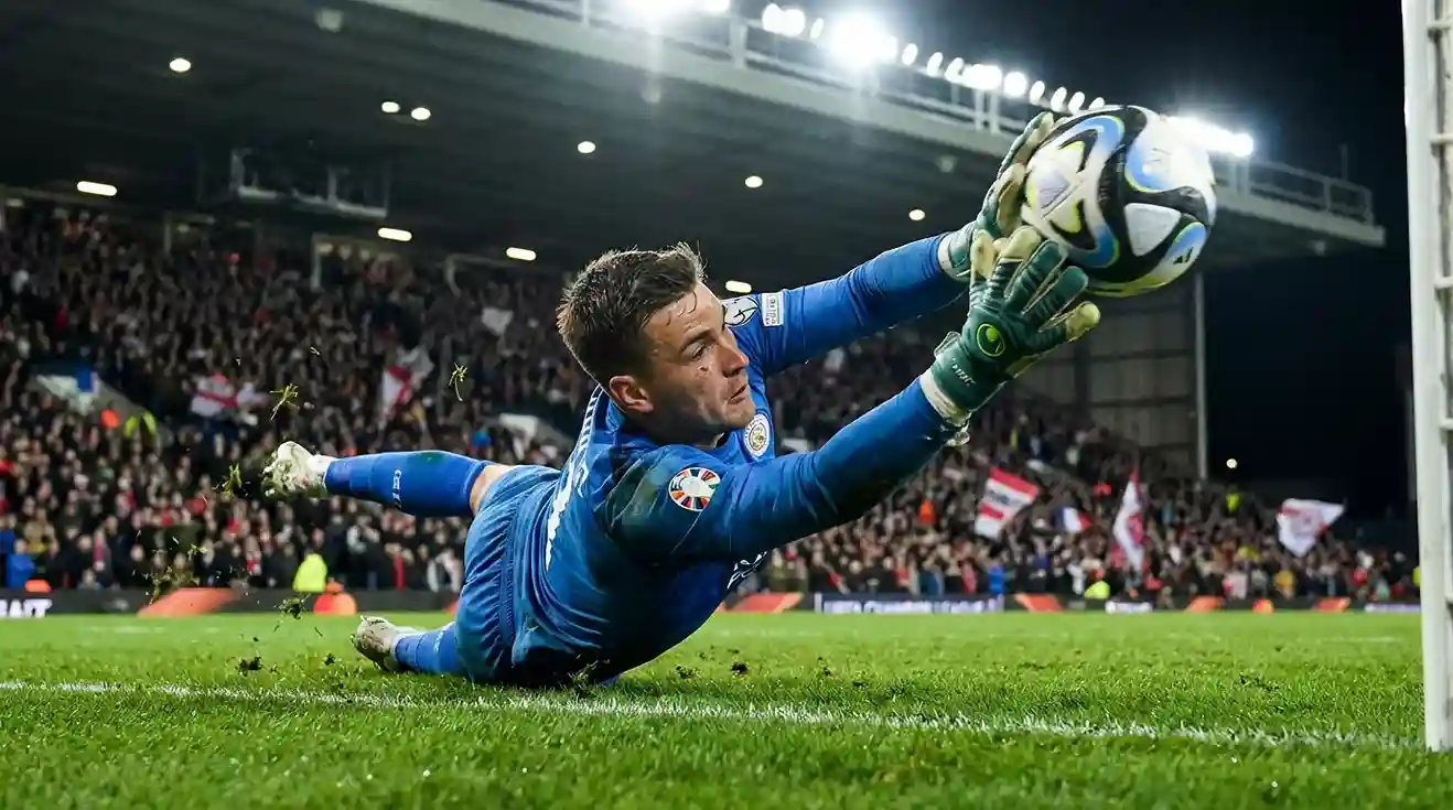 Portiere di calcio in tuffo su un campo da gioco in erba durante una partita