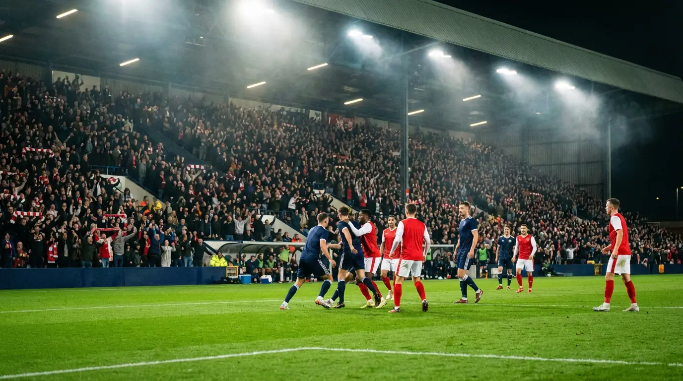 Stadio di calcio illuminato durante una partita serale in corso