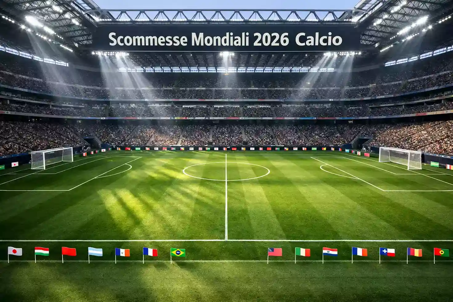 Campo di calcio in un grande stadio americano con bandiere di diverse nazioni