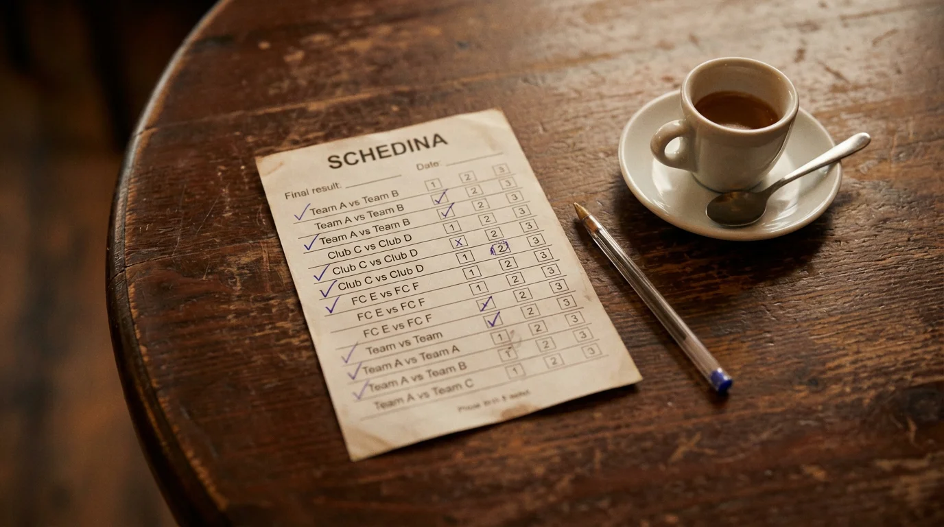 Schedina di scommesse con più partite di calcio selezionate su un tavolo