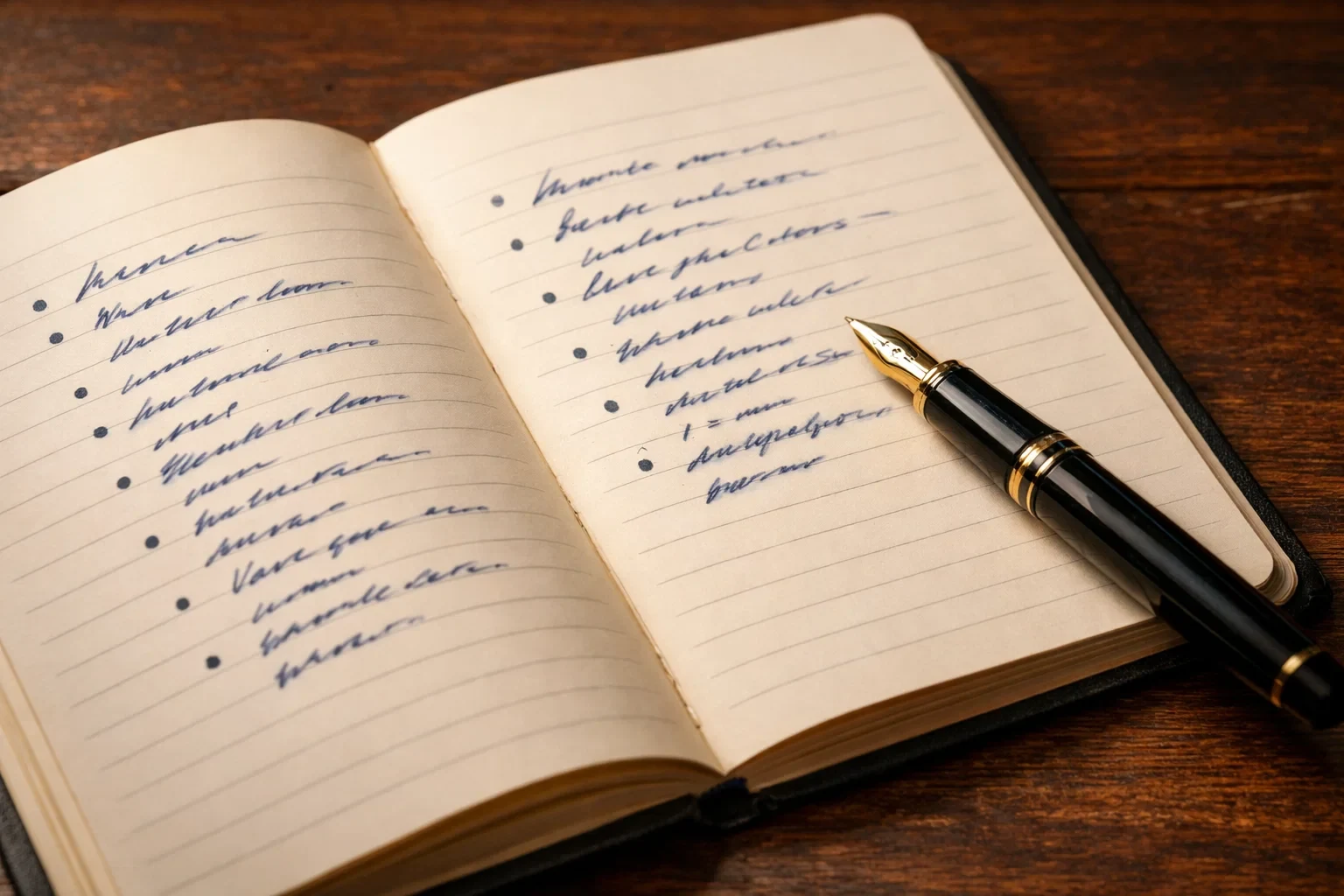 Blocco note aperto con appunti scritti a mano e penna