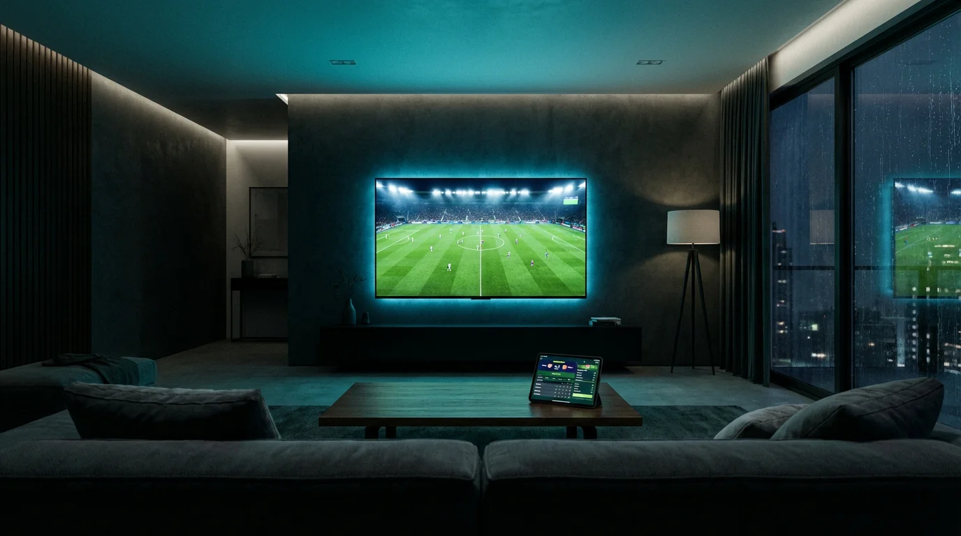 Schermo che trasmette una partita di calcio in diretta in un salotto
